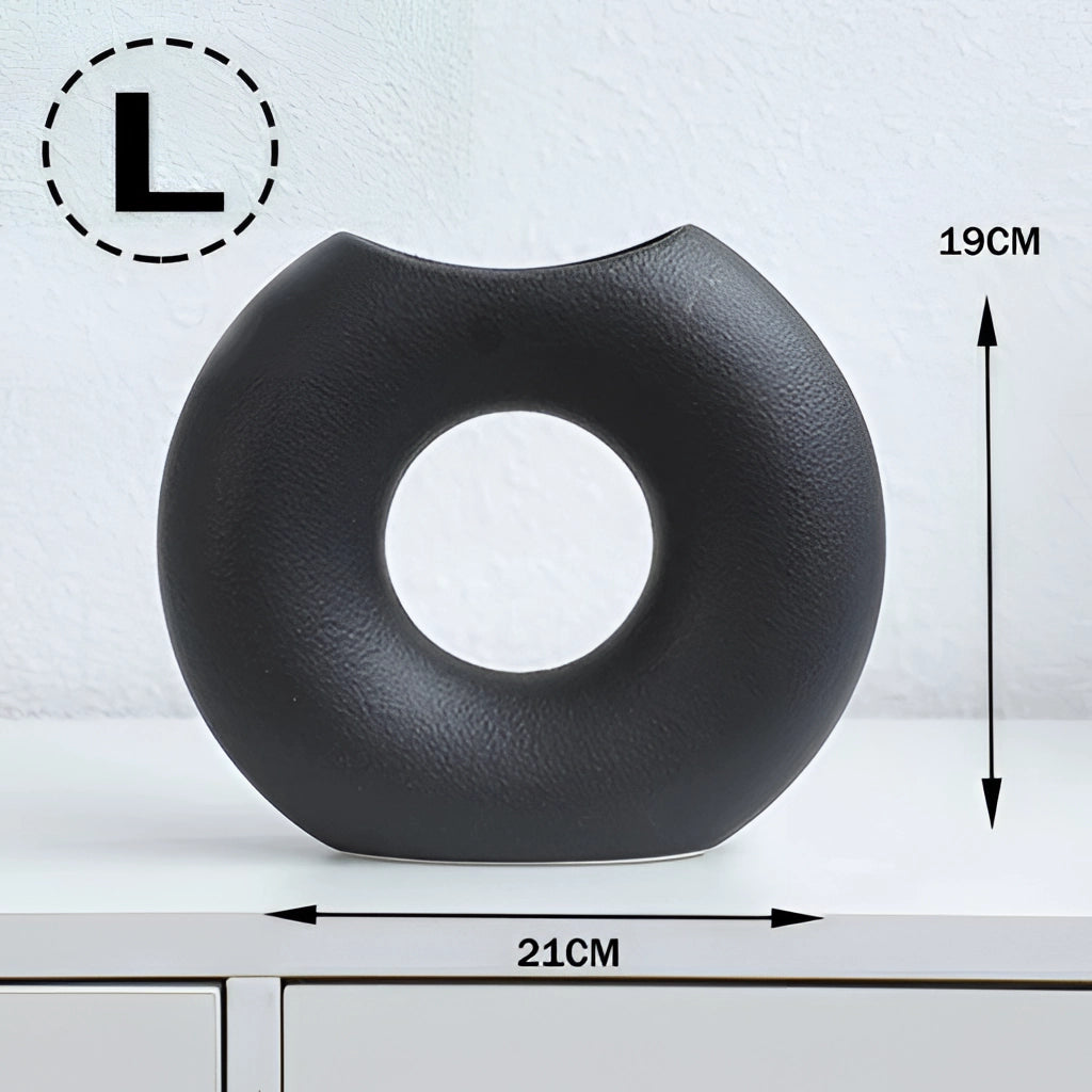 Nordic Style Ceramic Donut Vase in black, large size, featuring a modern circular design suitable for office and living room decor.