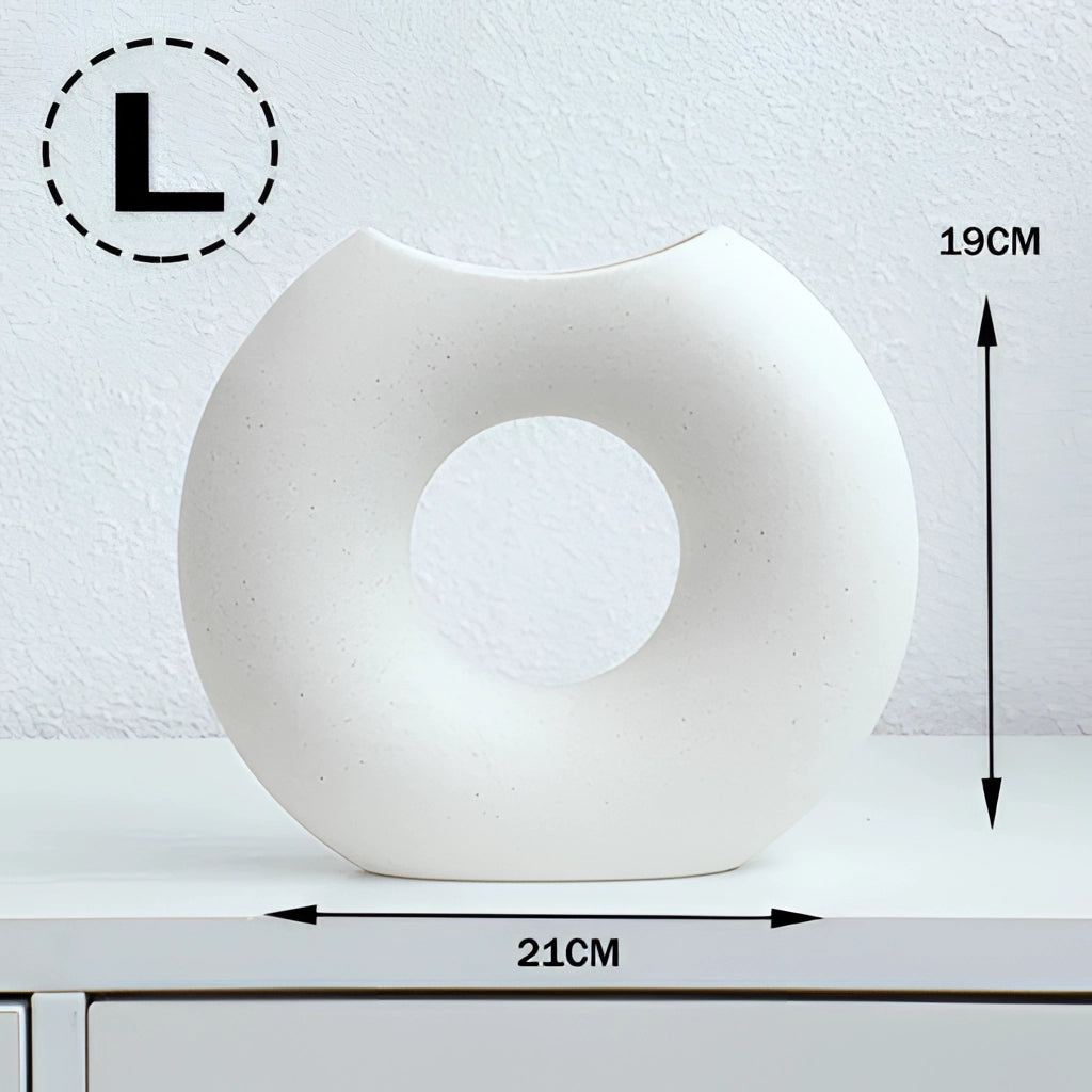 White Nordic style ceramic donut vase with modern circular design, ideal for office and living room, size large.