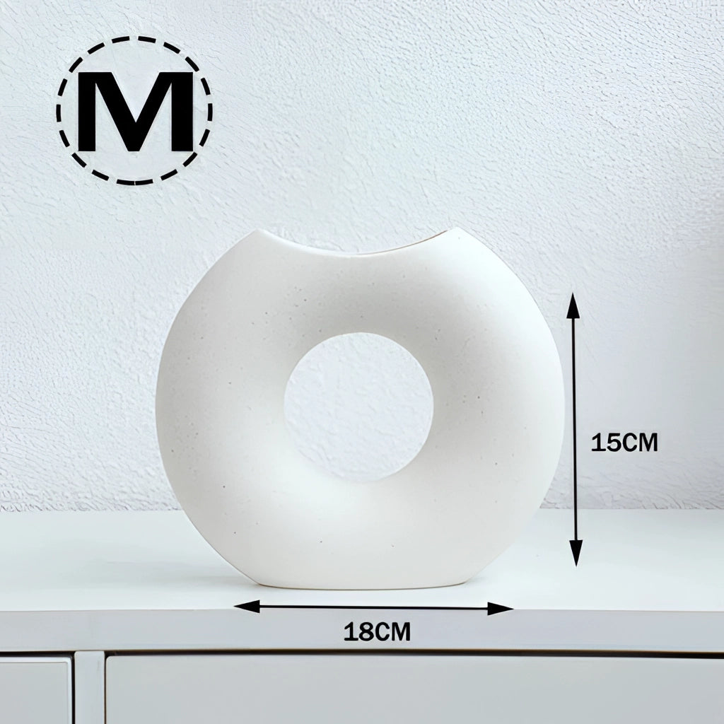 Nordic Style White Ceramic Donut Vase, Modern Circular Design, Size M, displayed on a table, ideal for office and living room decor.