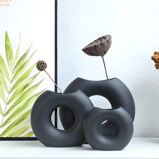 Nordic Style Ceramic Donut Vase with modern circular design, placed on a wooden table, adorned with a small terrestrial plant inside.