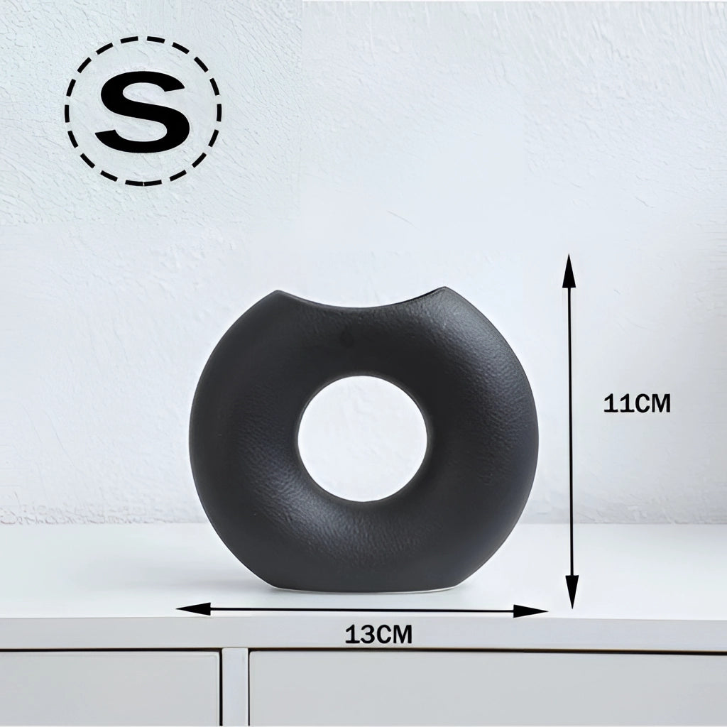Nordic Style Ceramic Donut Vase in Black, Small Size - Modern Circular Design for Office and Living Room.