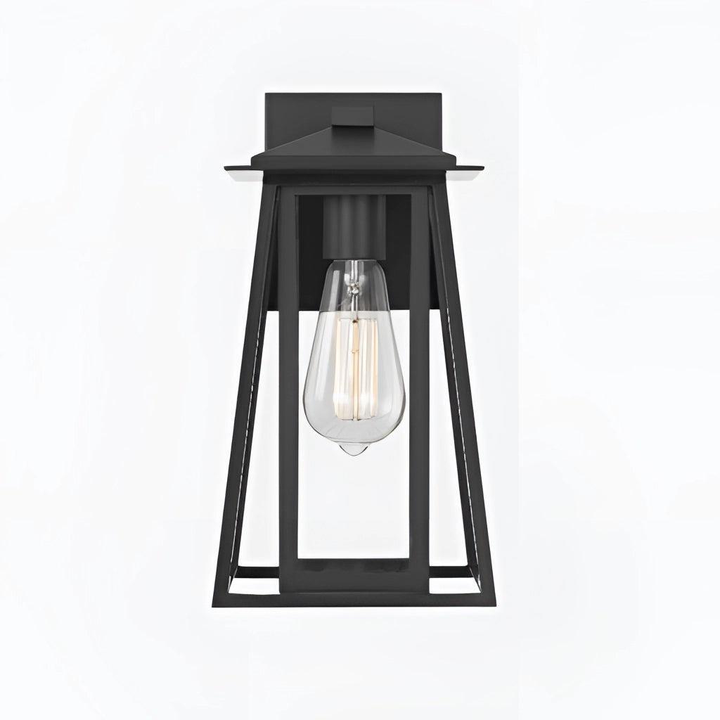 Black steel outdoor wall lantern sconce with glass panels, IP44 waterproof, mounted on exterior wall.
