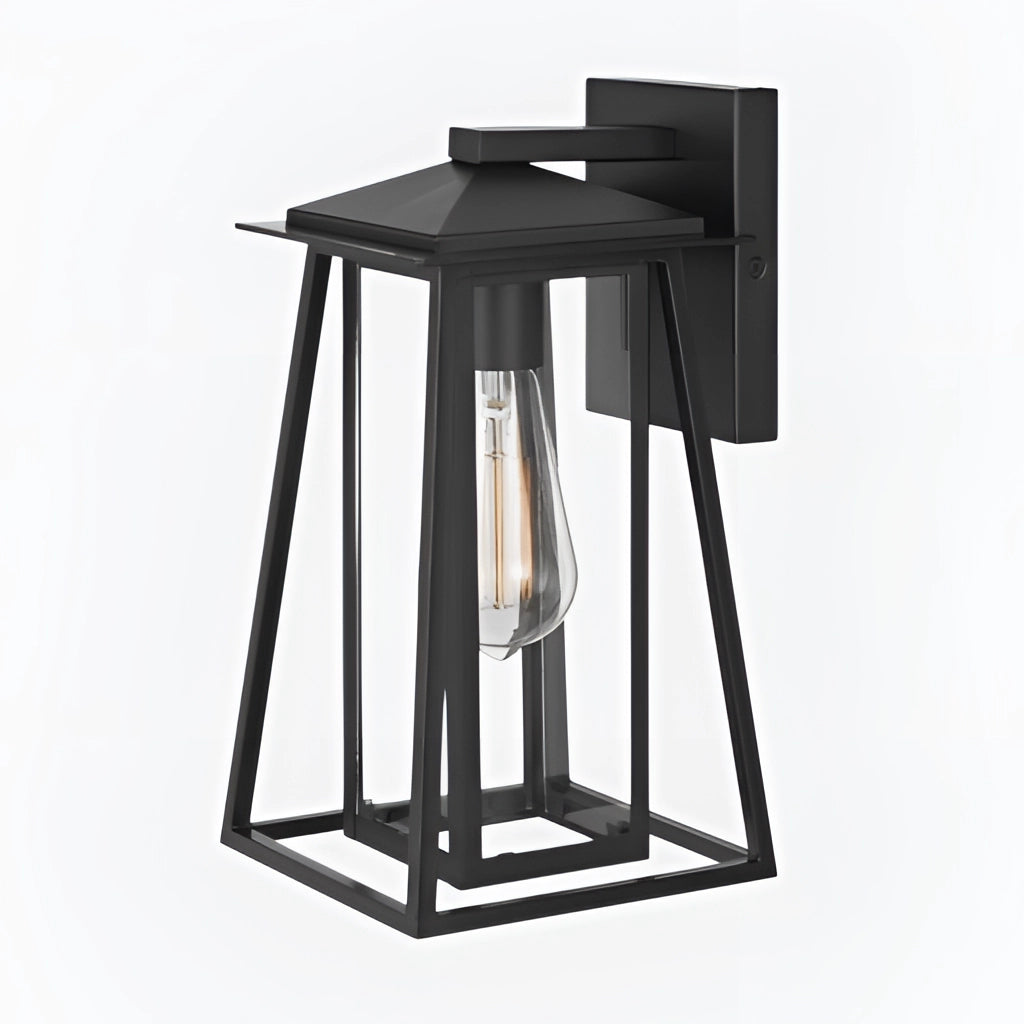 Outdoor wall lantern sconce with glass panels in black steel, mounted on a wall, showcasing its IP44 waterproof feature.