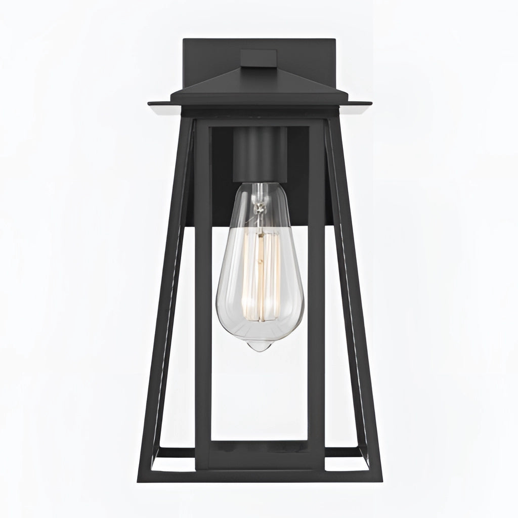 Black steel outdoor wall lantern sconce with glass panels, mounted on a wall, showcasing its IP44 waterproof design.