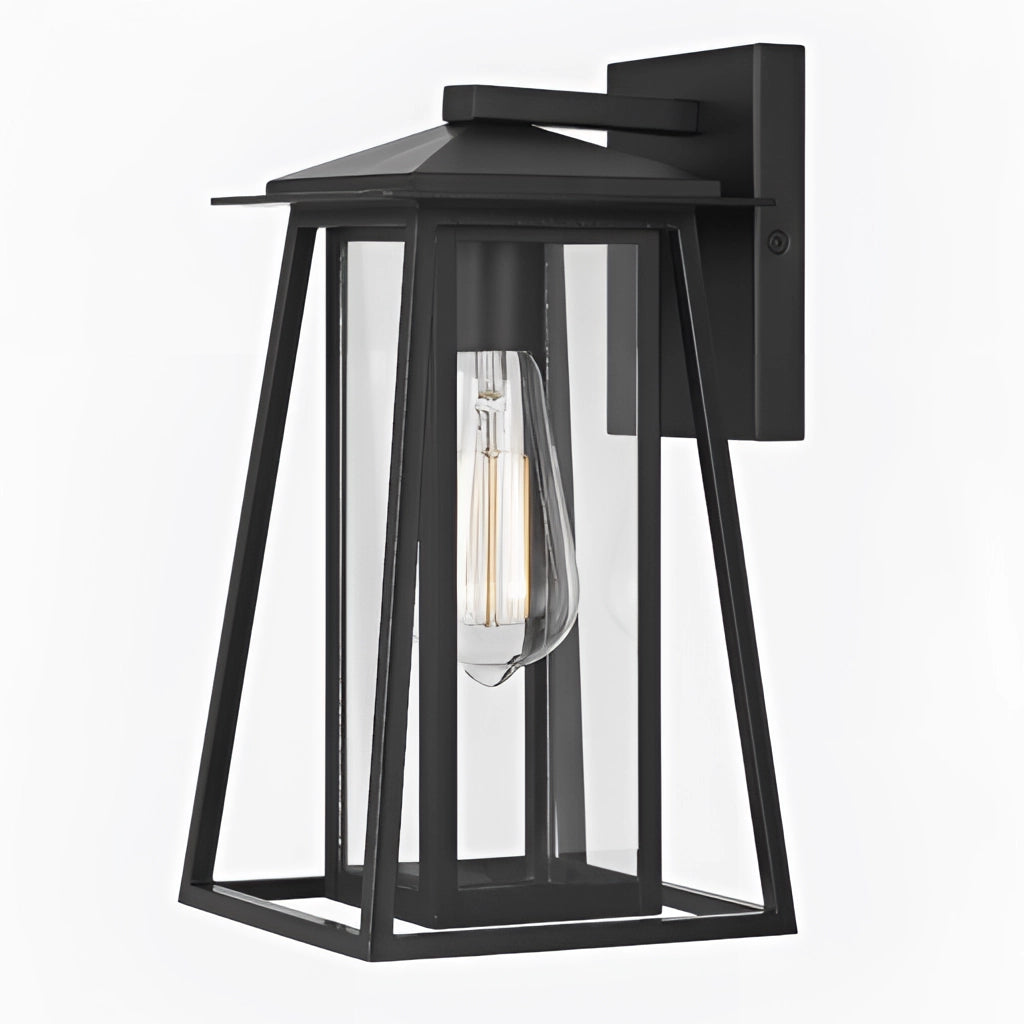 Outdoor wall lantern sconce with glass panels in black steel, showing its IP44 waterproof design.