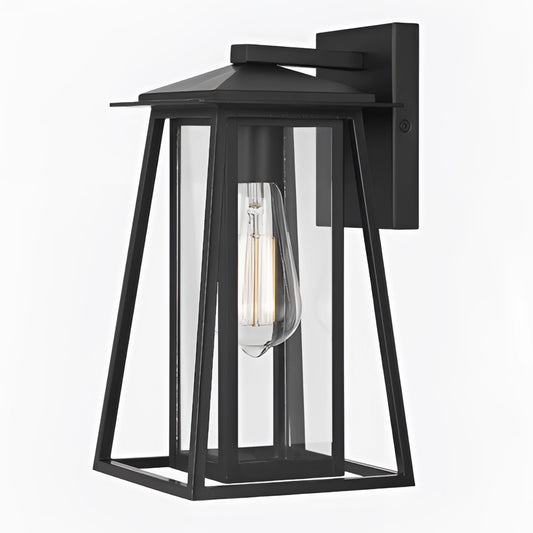Outdoor wall lantern sconce with glass panels in black steel, showing its IP44 waterproof design.
