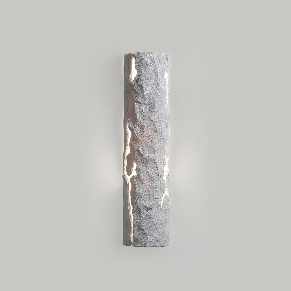 Outdoor wall light with a faux rock finish, rectangular shape, white color, waterproof, featuring premium resin material, designed for outdoor use, providing cool light.