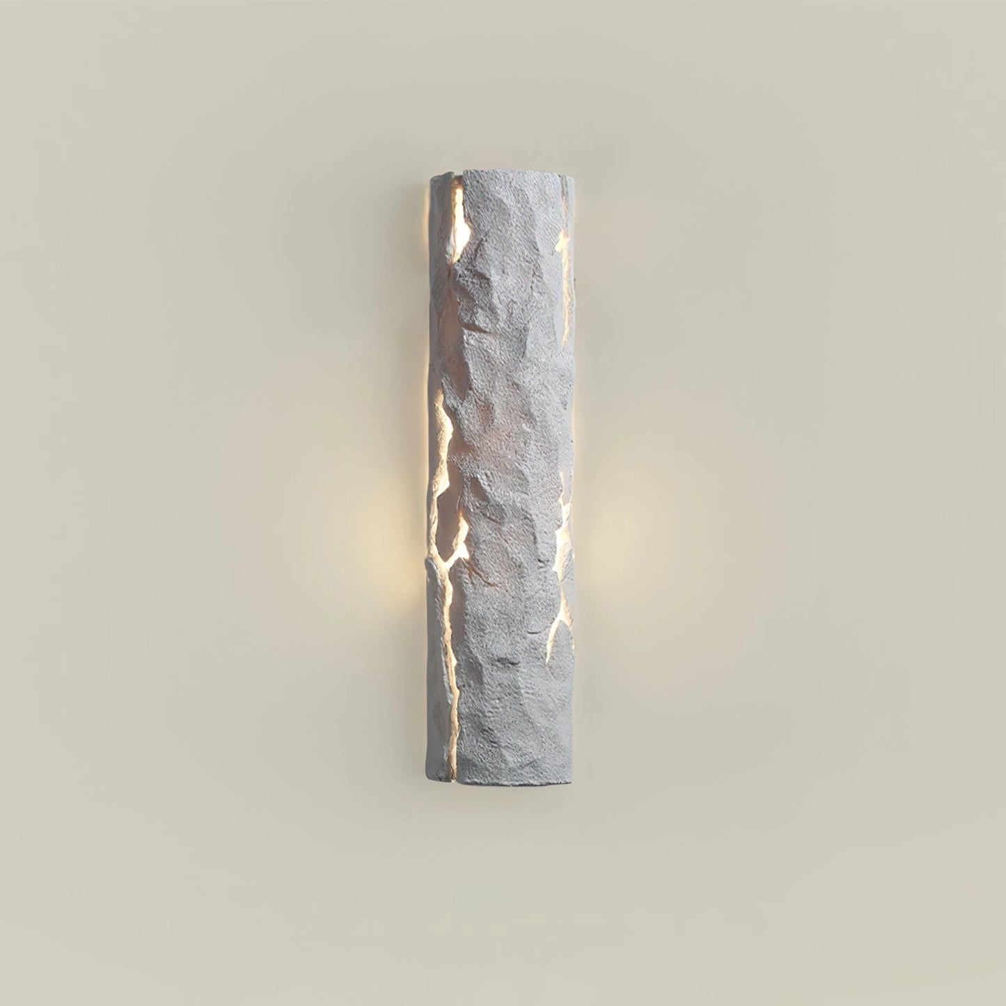 Outdoor wall light with IP65 waterproof rating, premium resin faux rock finish, rectangular design, and natural wood and metal elements.