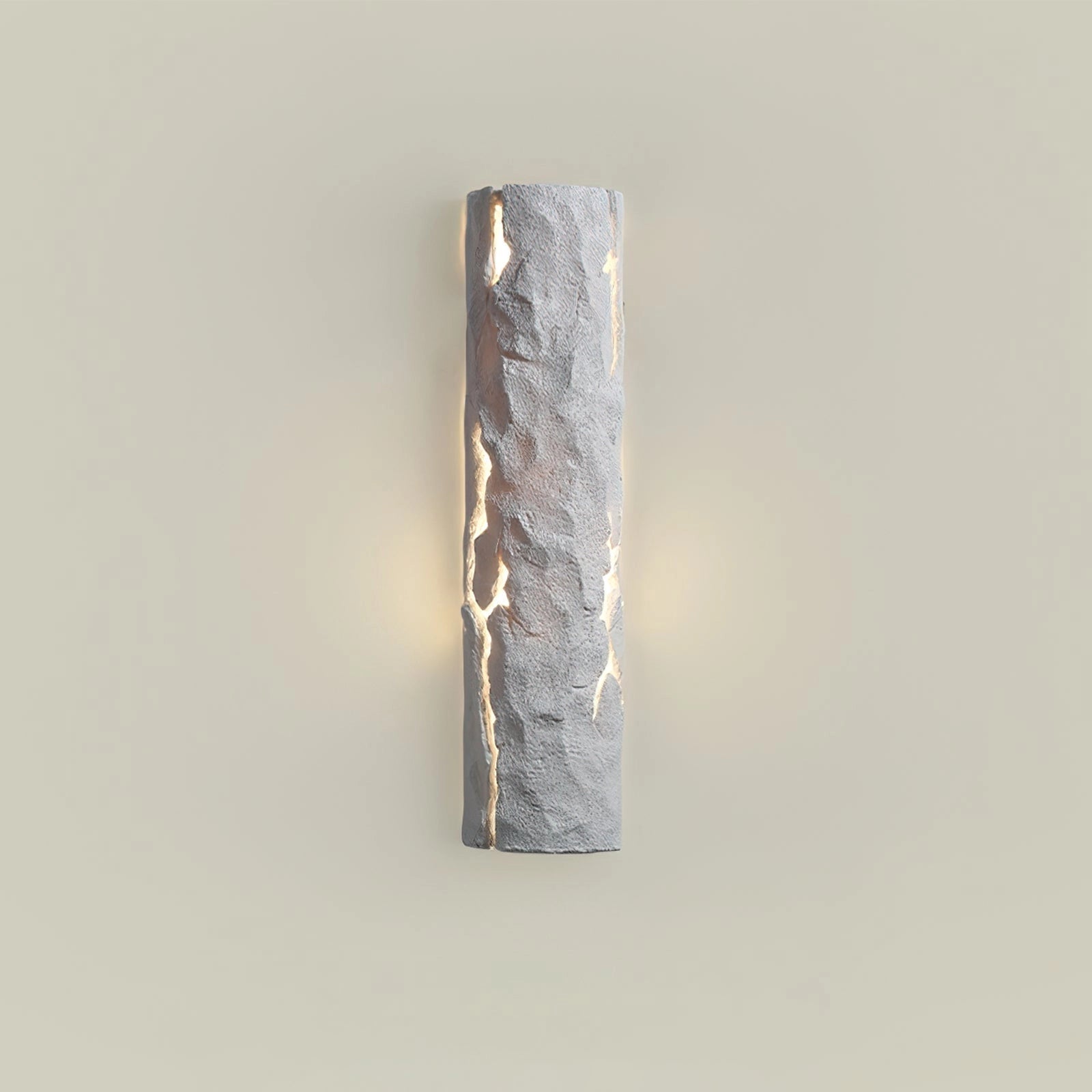 Outdoor wall light with IP65 waterproof rating, premium resin faux rock finish, rectangular design, and natural wood and metal elements.