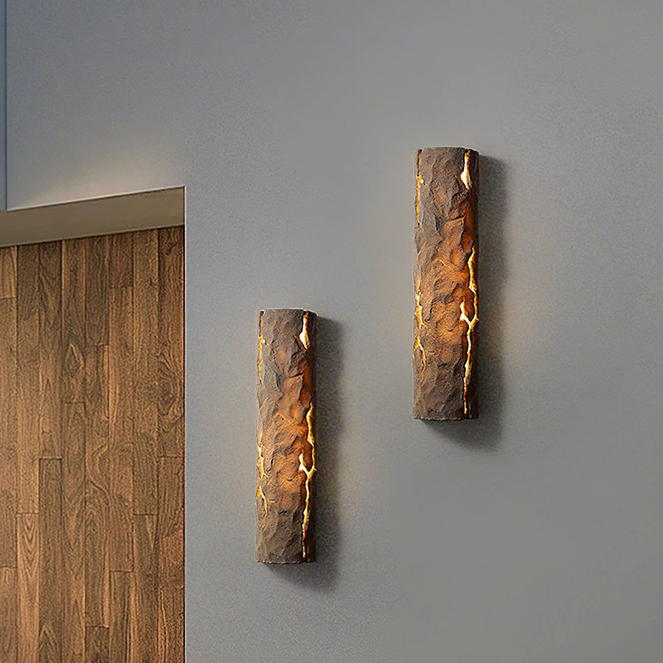 Outdoor wall light with IP65 waterproof rating, featuring a premium resin faux rock finish in brown, rectangular shape, and amber light.