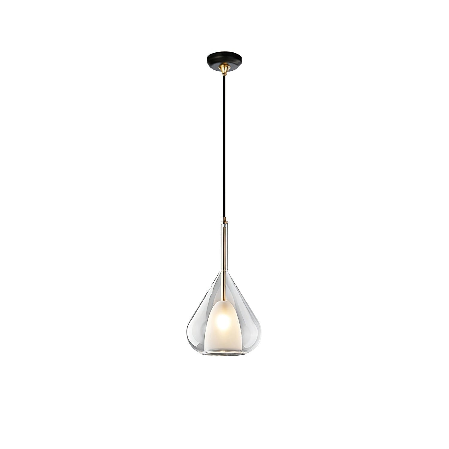Pendant lamp with clear raindrop design and starlight effect in Nordic style, featuring a glass lampshade and metal fixtures, hanging from the ceiling.