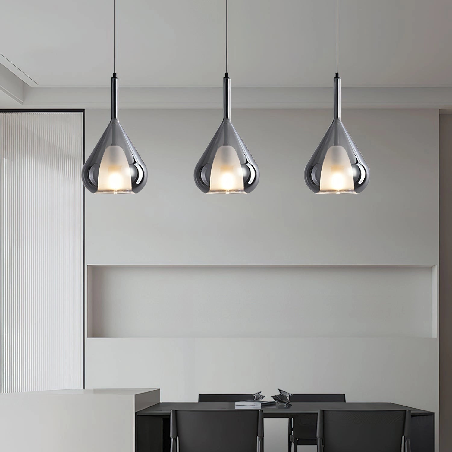 Nordic style pendant lamp with a clear raindrop design and starlight effect, featuring a wooden shade, hanging from the ceiling in a modern interior setting with grey tones.