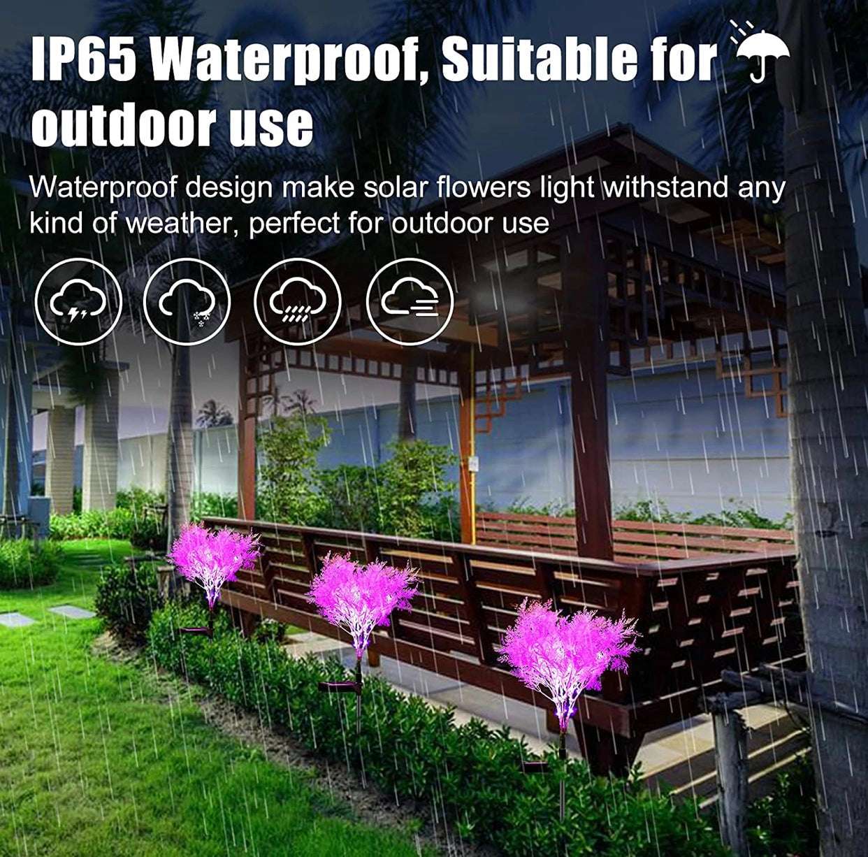 Pink solar-powered flower lights illuminating a garden at dusk, surrounded by grass and other plants, 2-pack.