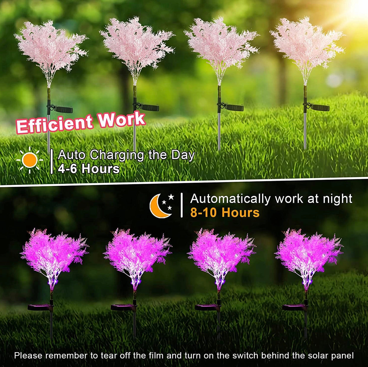 Two pink solar-powered flower lights in a garden setting with green vegetation, designed for dusk to dawn illumination.