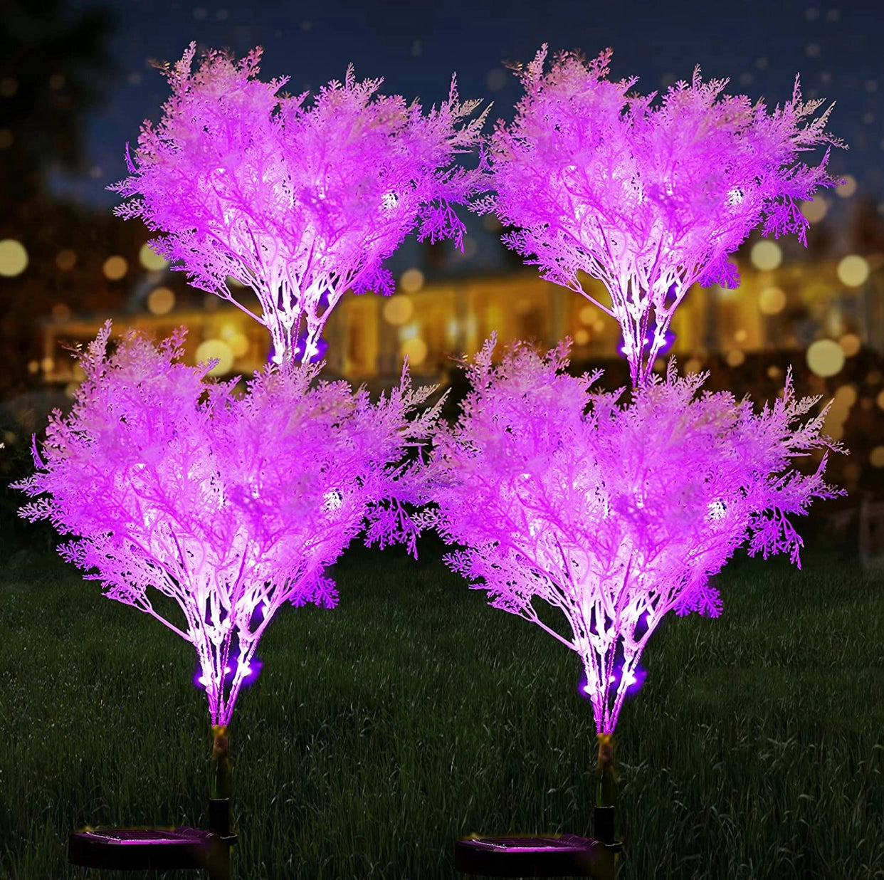 Pink solar flowers with purple and magenta petals illuminating a garden at dusk, showcasing IP65 weatherproof design, 2-pack.