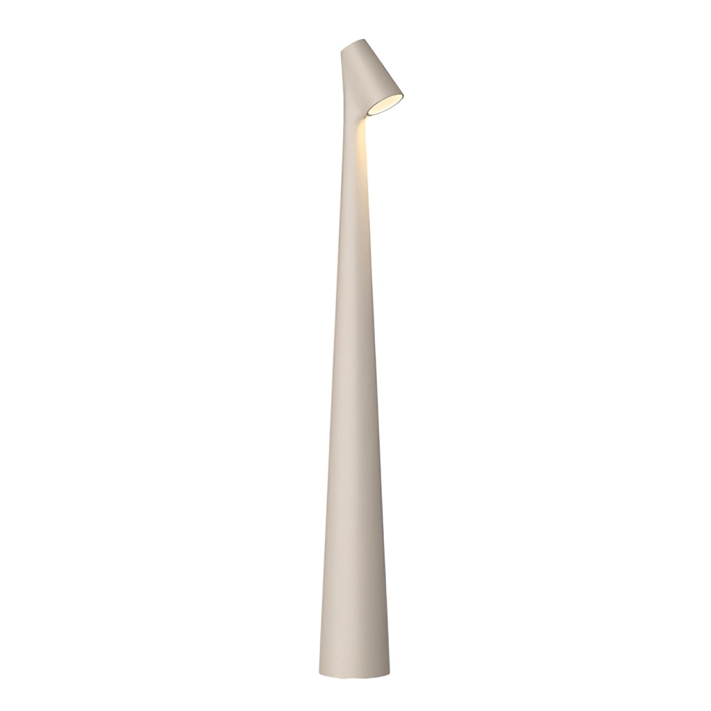 Portable rechargeable LED table lamp in white, aluminum construction, 450mm height, featuring three light intensities, with a modern rectangular design.