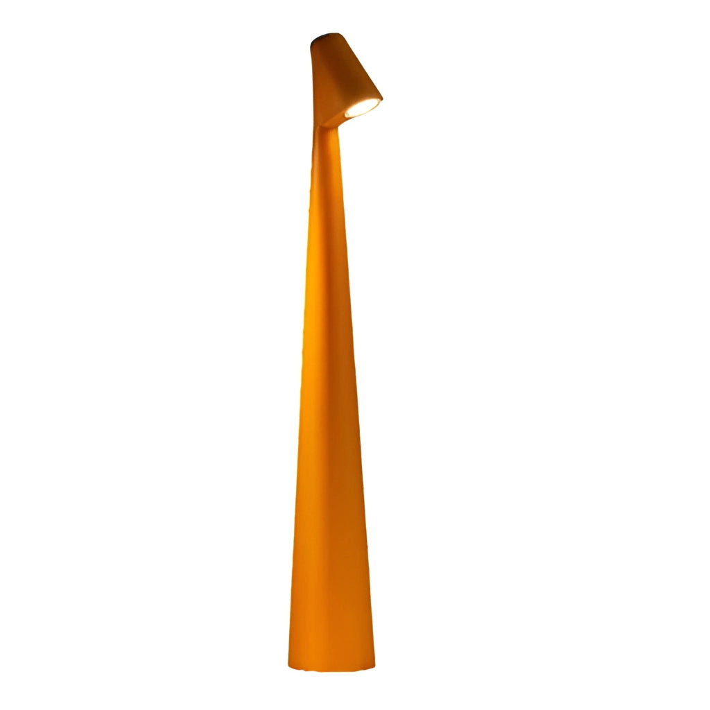 Portable rechargeable LED table lamp with aluminum construction in orange color, featuring three light intensities and standing at 450mm tall.