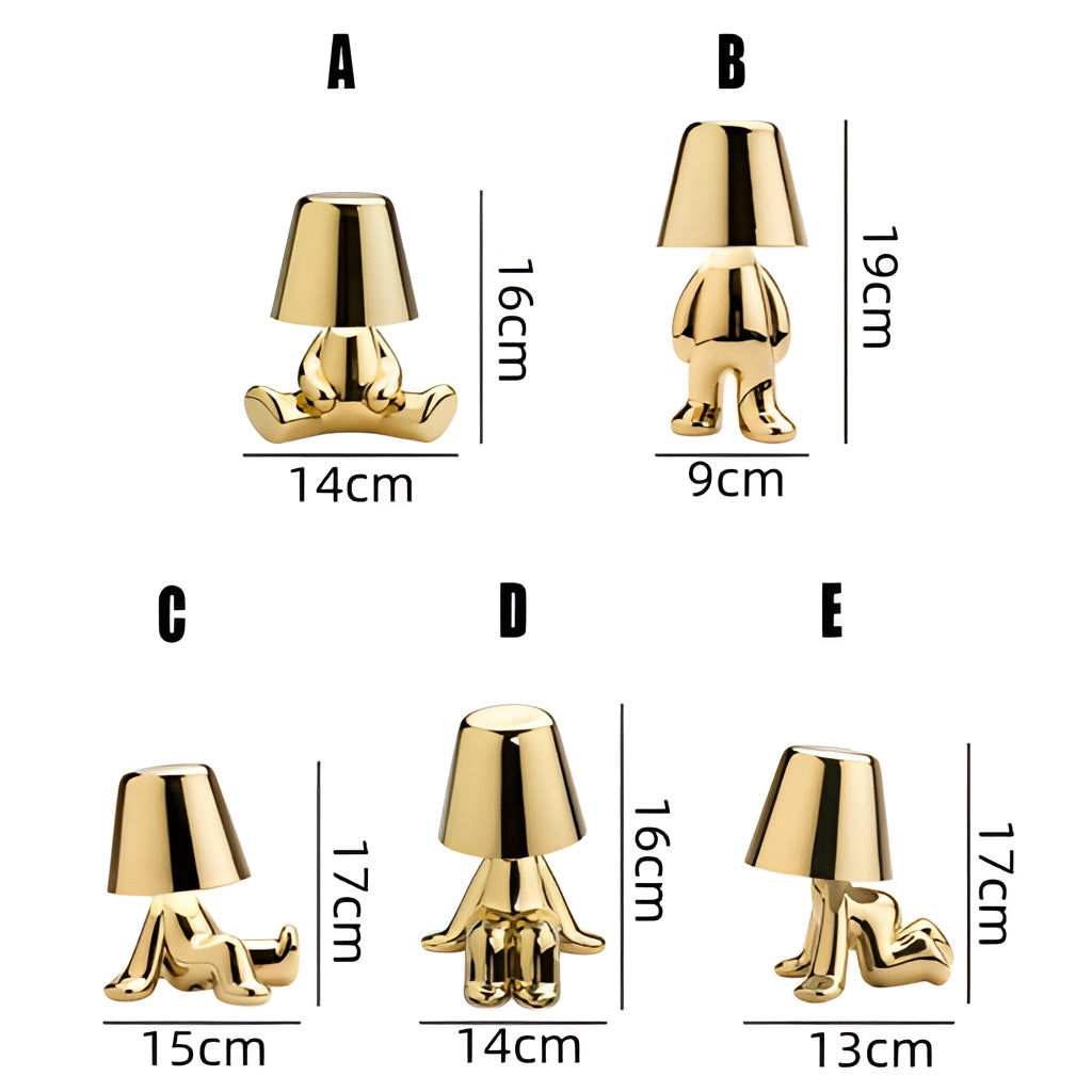 Modern Gold Thinker Statue LED Table Lamp with Beige Lampshade on Wooden Base