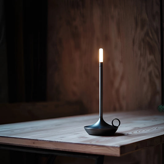 Nordic Candlestick Light in Black - Adjustable Dimming, Rechargeable, Aluminum Casing on a wooden table in a dark setting.