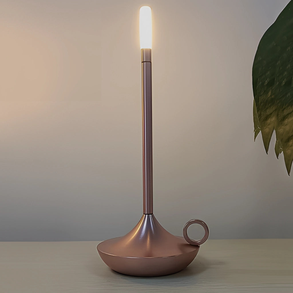Nordic Candlestick Light in rose gold with adjustable dimming, rechargeable aluminum casing, displayed on a table.