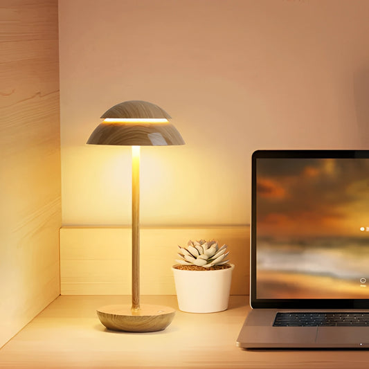 Scandinavian design table lamp with radiant light on a wooden desk beside a laptop, plant, and flowerpot in a modern interior setting.