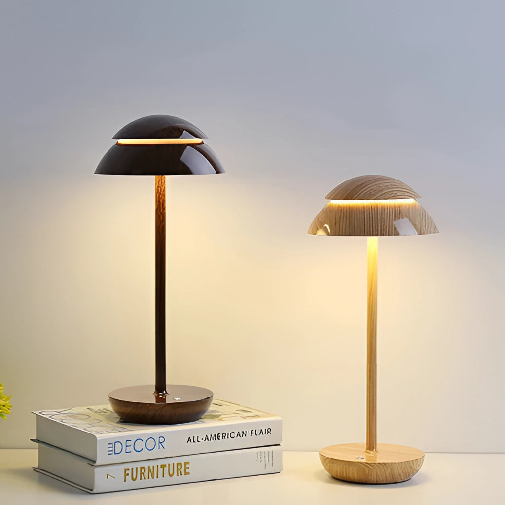Scandinavian design table lamp with a white lampshade, wooden base, and metal accents.