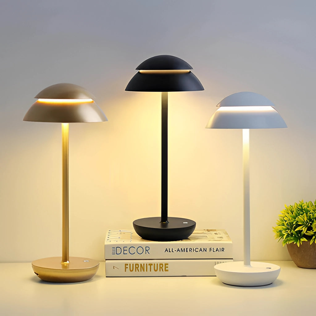 Scandinavian design table lamp with a sleek wooden base, soft ambient light, and a minimalist aesthetic, placed next to a potted houseplant on a modern interior table.