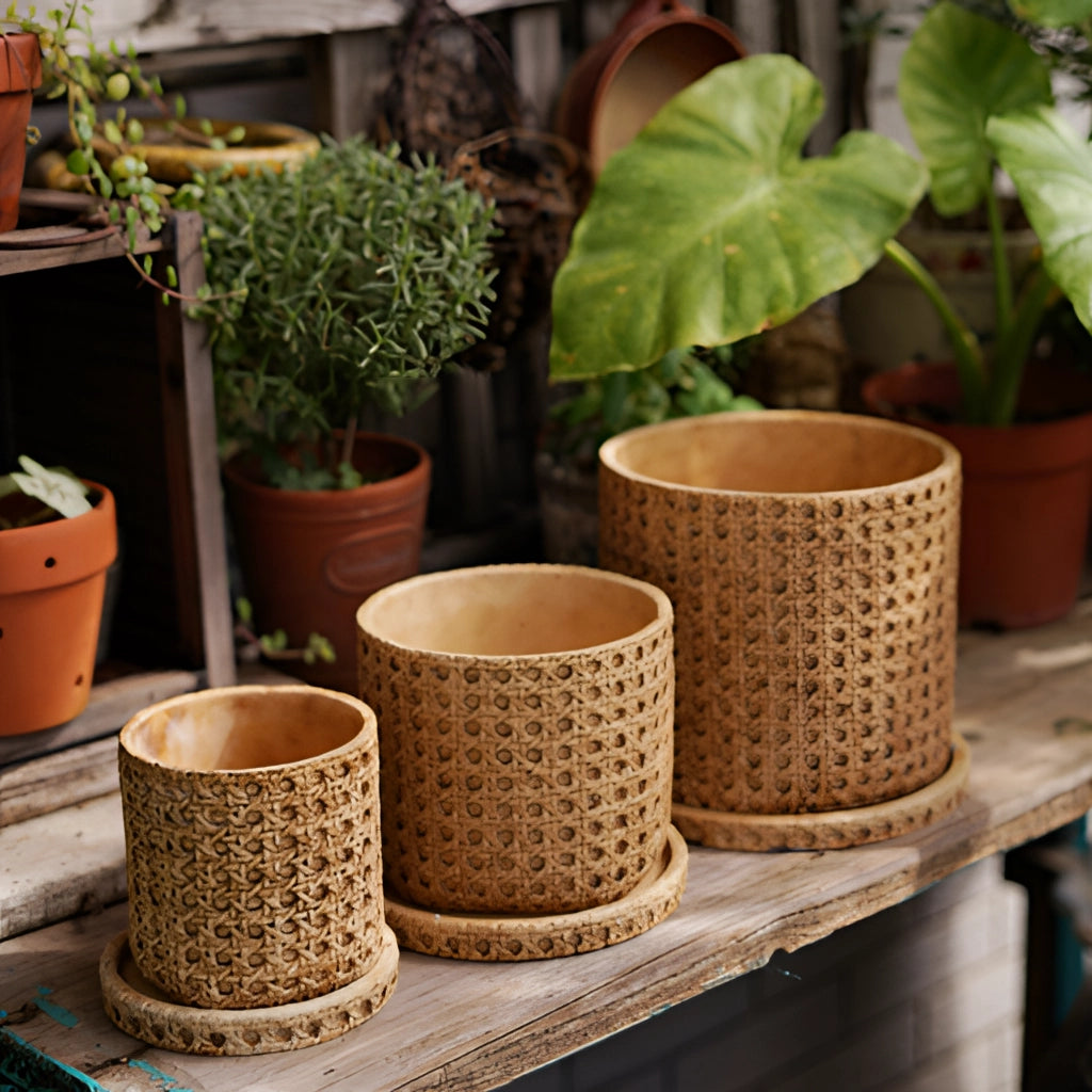Rattan cement planter with natural texture holding a houseplant.