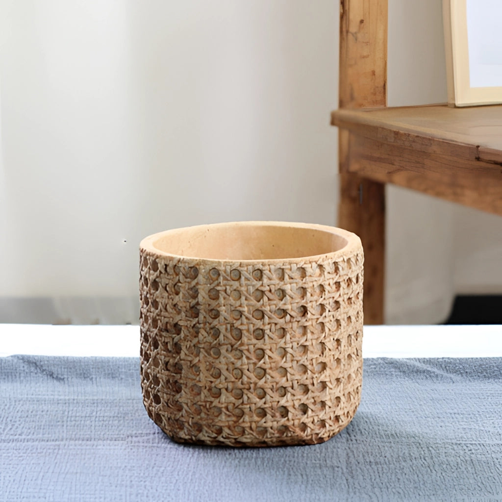 Medium Rattan Cement Planter with Natural Texture without Tray on Wooden Table