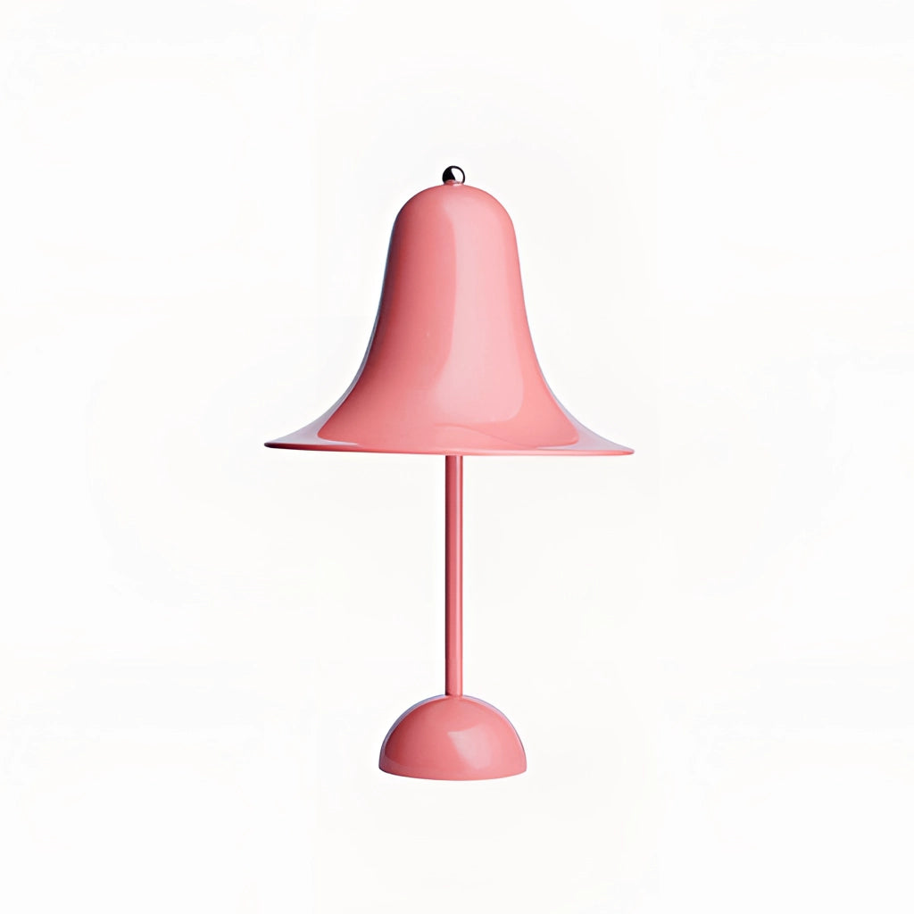 Rechargeable pink LED lamp with touch sensor placed on a wooden table.