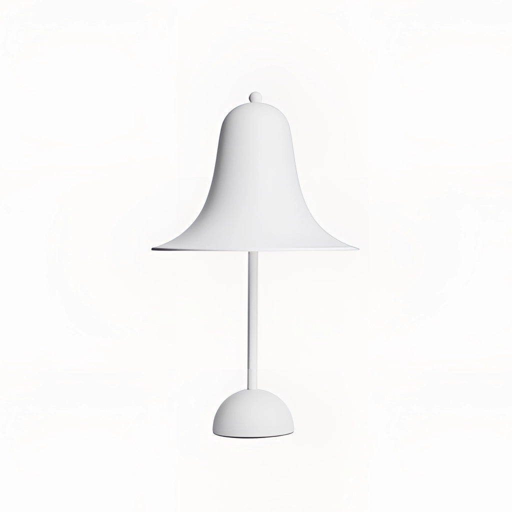 Rechargeable white LED lamp with touch sensor on a table, featuring a circular metal and glass design with a sleek lampshade.