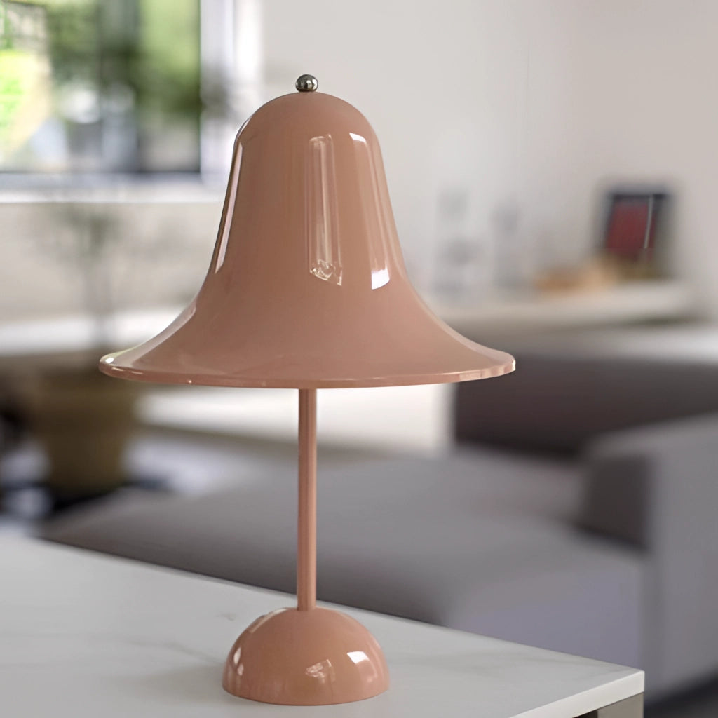 Rechargeable LED lamp with touch sensor, featuring a wooden base and orange lampshade, made of composite materials and metal accents.