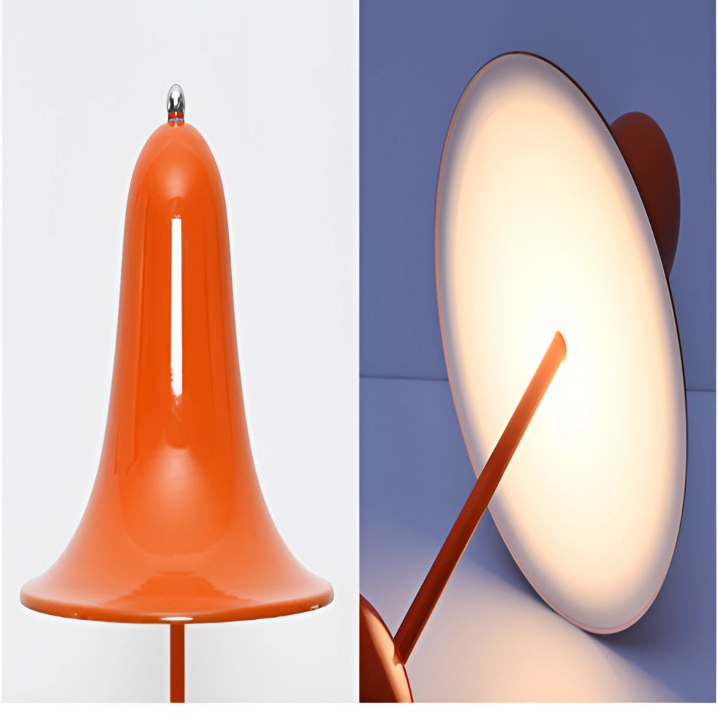 Rechargeable LED lamp with touch sensor on a wooden surface, featuring a sleek design and circular base.