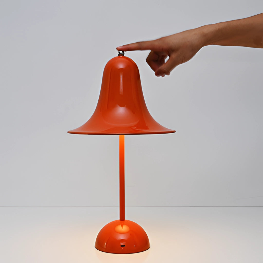 Rechargeable LED lamp with touch sensor, featuring an orange and wood finish, displayed on a balanced circular base.