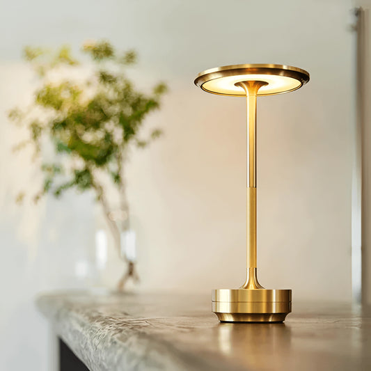 Rechargeable LED table lamp on a wooden table next to a potted plant and glass vase.