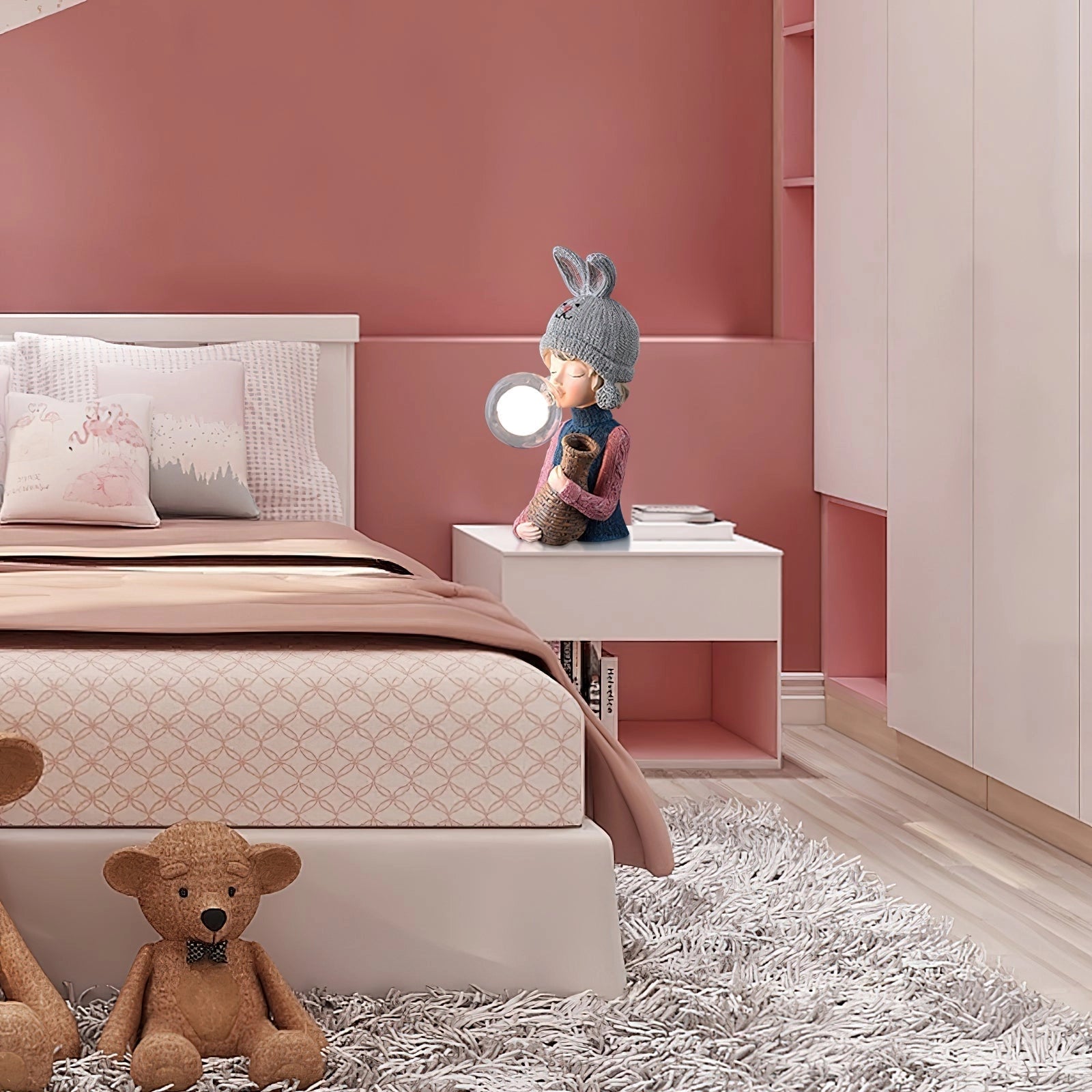 Resin table lamp featuring an elegant rabbit girl with a dual glass lampshade, placed on a wooden drawer in a cozy interior setting with a window in the background.