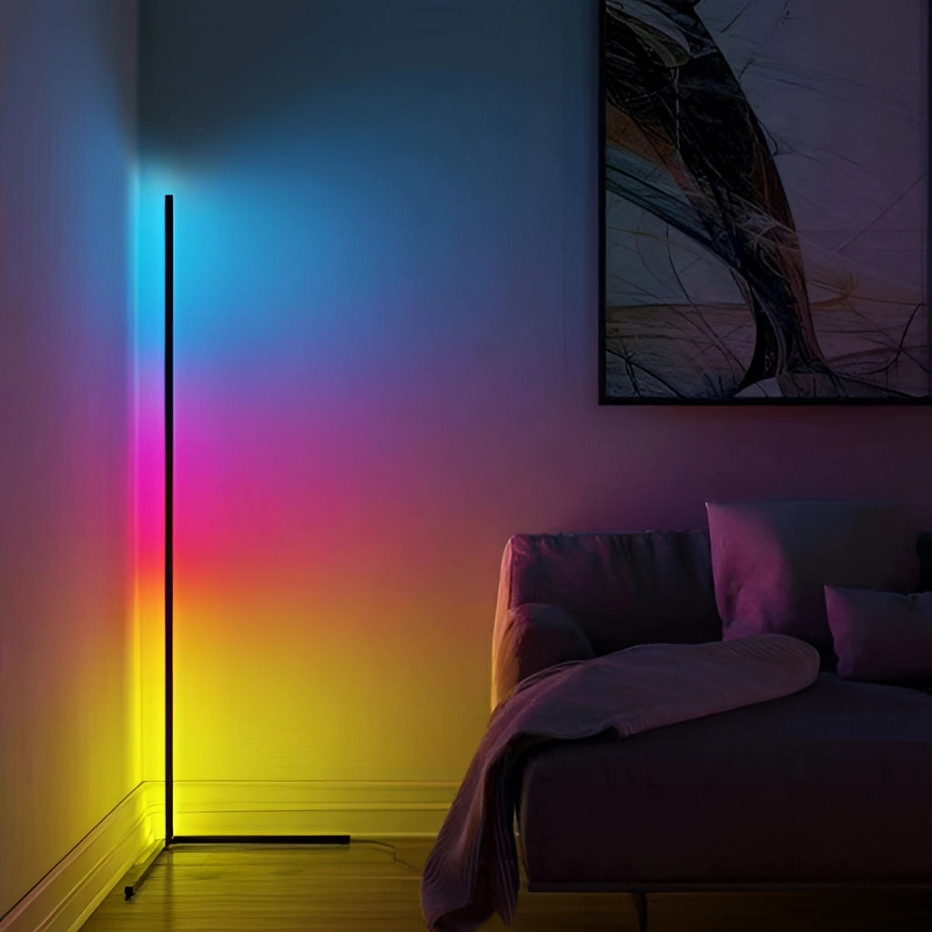RGB Corner Floor Lamp with LED Light and Remote Control illuminating a modern living room with purple ambient lighting, placed near a couch on wooden flooring.