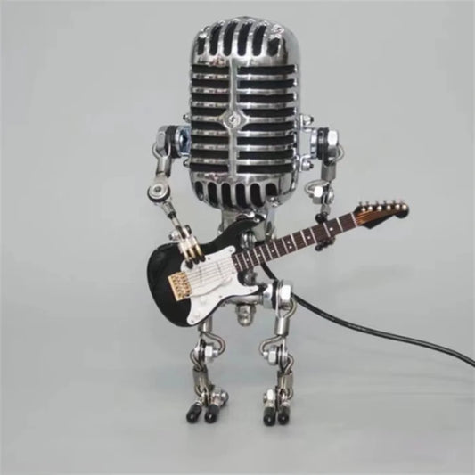 Black Robot Guitar Desk Lamp with Dimmable Light featuring a microphone and guitar design.