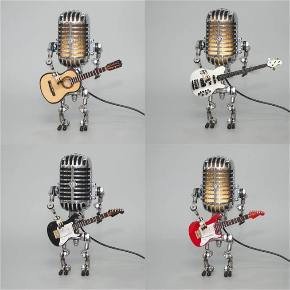 Robot Guitar Desk Lamp with dimmable light in black, white, yellow, and red, designed to resemble a robotic figure holding a guitar, combining elements of technology, art, and musical instruments.