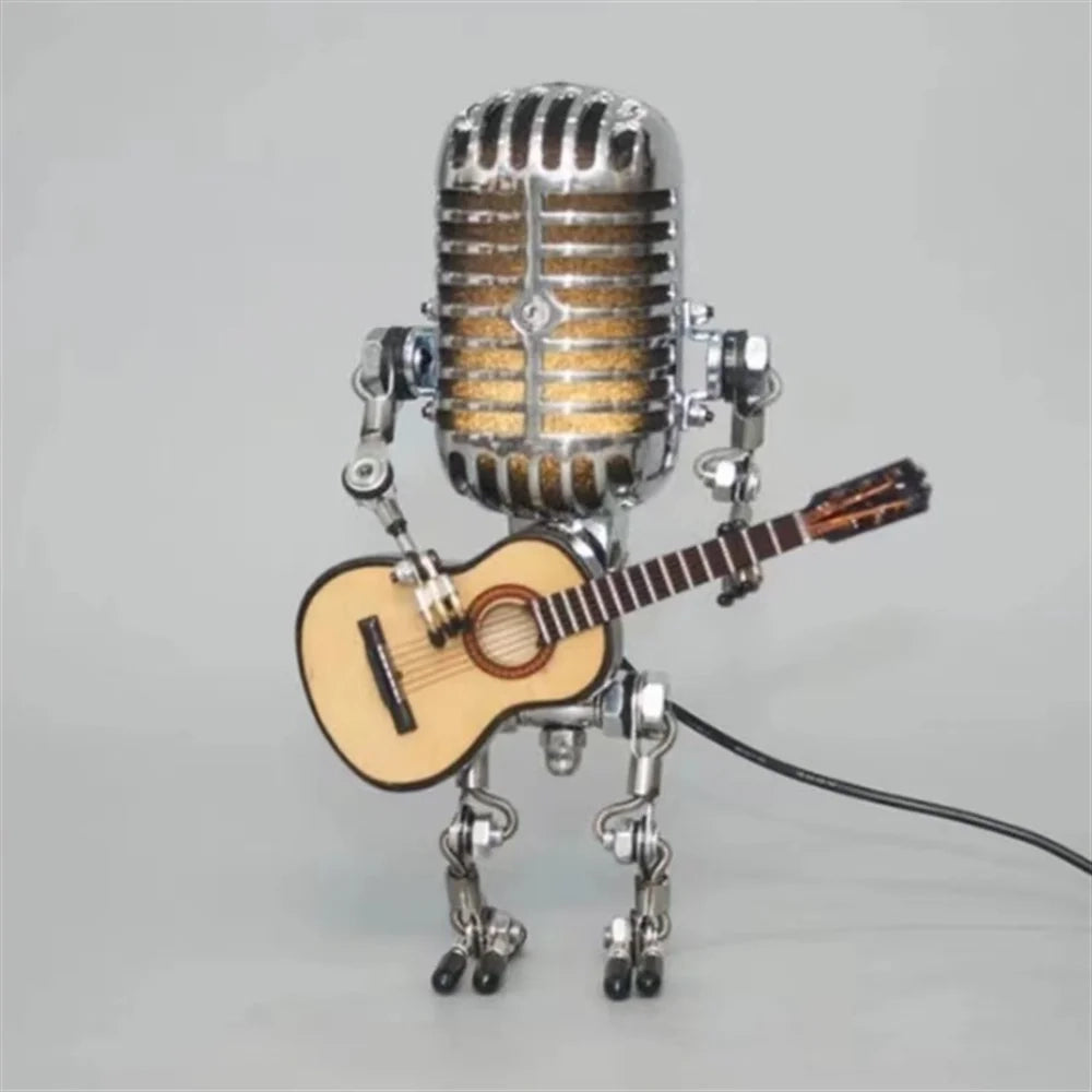 Yellow Robot Guitar Desk Lamp with Dimmable Light featuring a guitar design with strings, resembling a musical instrument accessory.