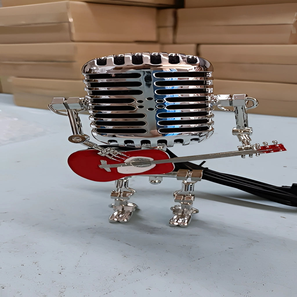 Red Robot Guitar Desk Lamp with Dimmable Light featuring metallic components and creative design.