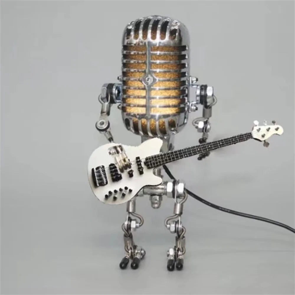 White Robot Guitar Desk Lamp with Dimmable Light, featuring a guitar and microphone design.