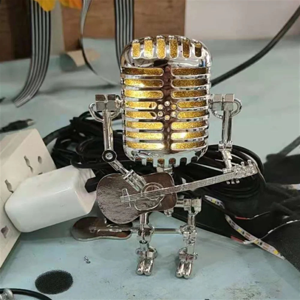 Yellow Robot Guitar Desk Lamp with Dimmable Light featuring flexible wiring and mechanical design.