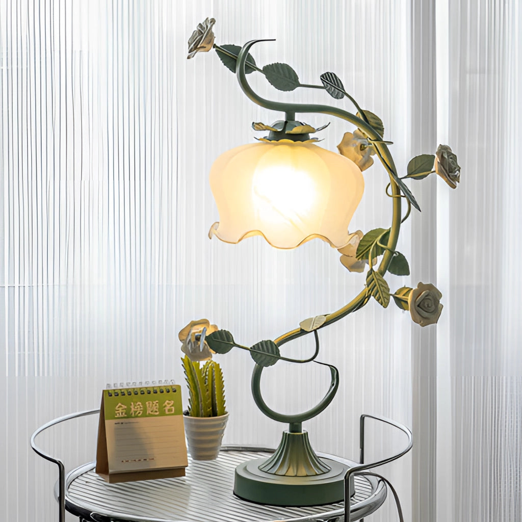 Elegant table lamp featuring a green rose encased within, perfect for adding a touch of floral decor to any interior design.
