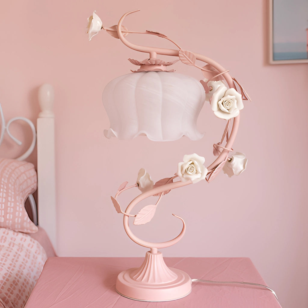 Elegant table lamp featuring a rose encased in a clear frame with a wooden base, providing a natural and artistic floral lighting element.