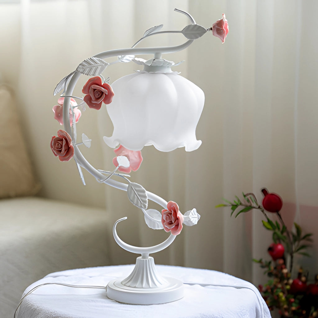 Elegant table lamp featuring a red rose encased in glass, showcasing intricate floral design with twig-like details, perfect for enhancing interior décor.