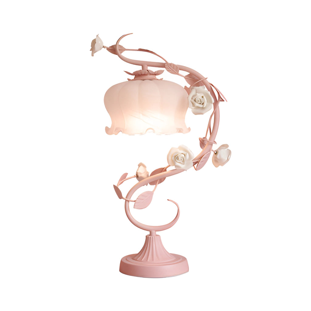 Elegant table lamp featuring a rose encased within, with a stylish lampshade and metallic base, perfect for adding floral charm to any room.