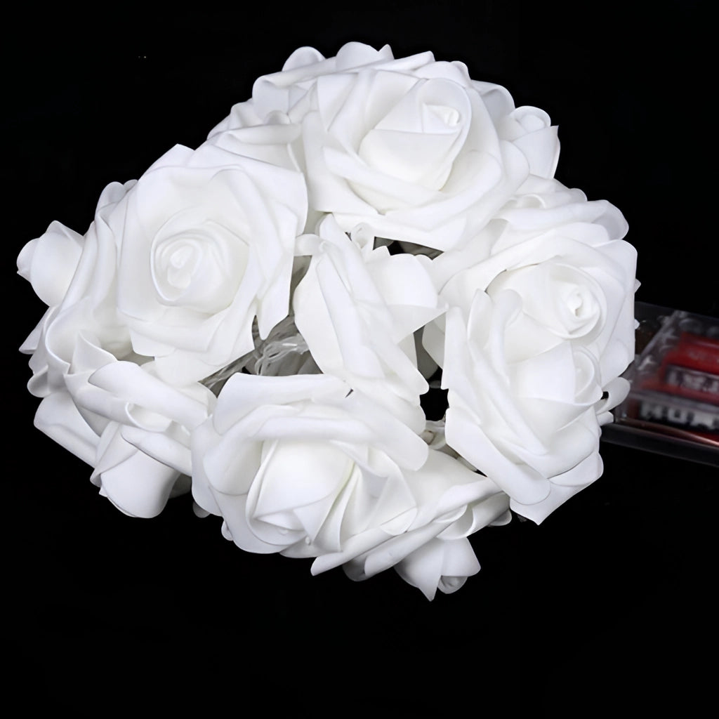 White foam rose flower LED string lights, 20 feet long with 40 elegant rose-shaped lights.