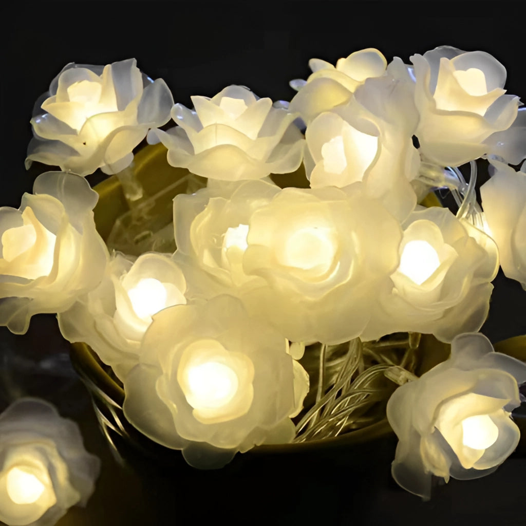 Elegant rose-style LED string lights illuminating in a dark setting, arranged in a circular pattern, suitable for events and decorative purposes.