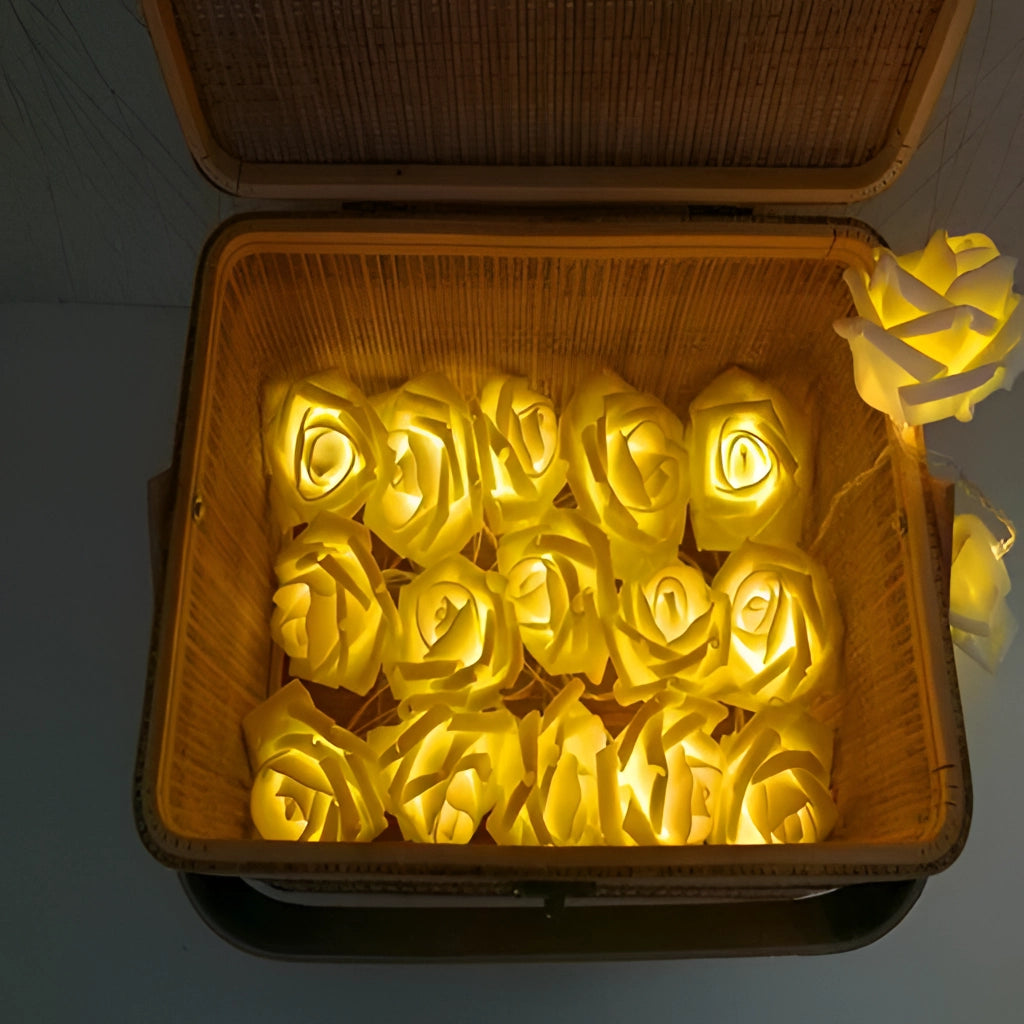 LED string lights with elegant rose-shaped bulbs in various lengths from 5 to 20 feet, glowing in warm amber tones.